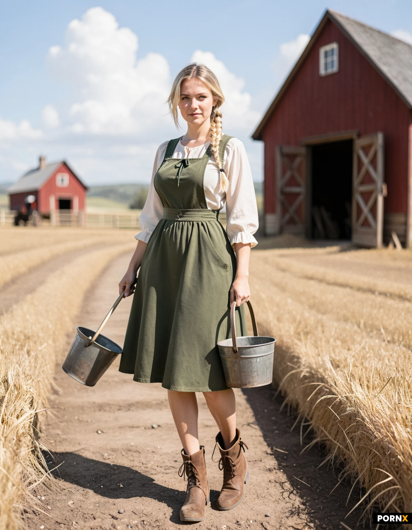 masterpiece, best quality, highres, absurdres, farmer outfit(blouse, skirt-dress, nylon stockings, farmer ankle boot), barn, mainland, malicious look, smiling, blue sky, sunny day with some clouds in the background, one man,standing near the sitting man( old farmer),