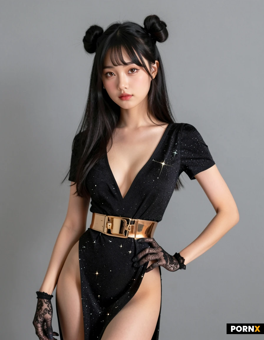 The main subject is a woman with medium-length, dark hair styled with bangs. She is wearing a dark grey, sparkly, short-sleeved dress with a V-neck and a wrap-around design. The dress features a high slit on the left side, revealing her leg. She is also wearing black lace gloves on both hands and a thin gold belt around her waist. She is posing with her left hand on her hip and her right arm slightly bent