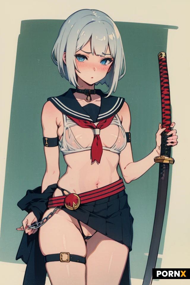 1girl, solo, silver hair, very short hair, blue eyes, cool expression, boyish face, dark skin, small breasts, toned body, thin build, collar with long chain, see-through sailor uniform, no bra, no skirt, see-through thong, sword belt, katana,cool, blushing, eager, standing in front, reaching out,