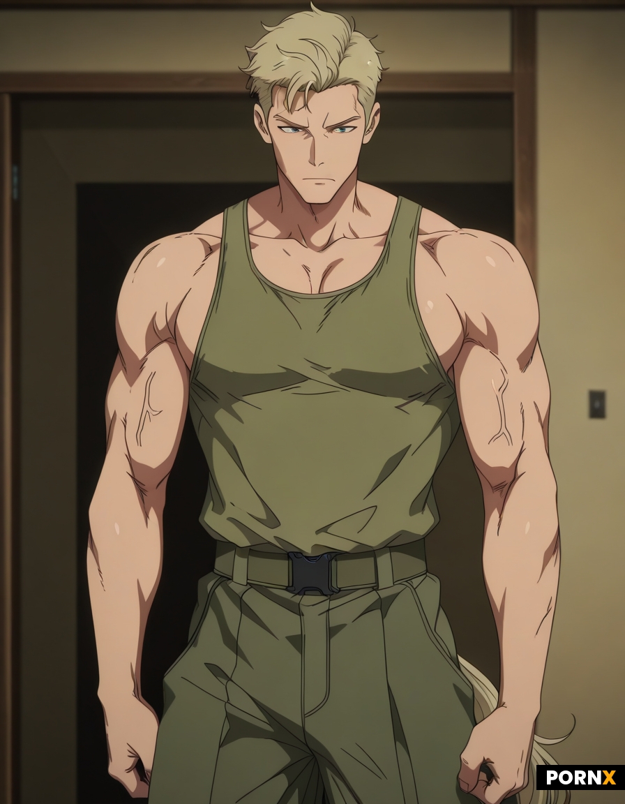 a very muscular guy with his blonde hair held in a small pony tail and the sides shaved