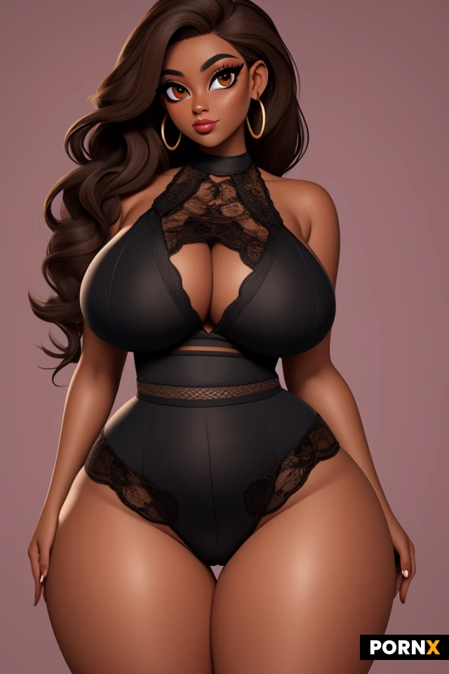 black woman, dark skin, light brown hair, lots of makeup, thick black eyeliner, thick lips, plump lips, earrings, (thick thighs:1.2), (curvy:1.5), (thick:1.25), (voluptuous:1.25), (huge boobs:1.3), tight, busty, firm, perky, (wide hips:1.5), (narrow waist:1.35), lipstick, large eyes, amber eyes, lace, smirk, portrait