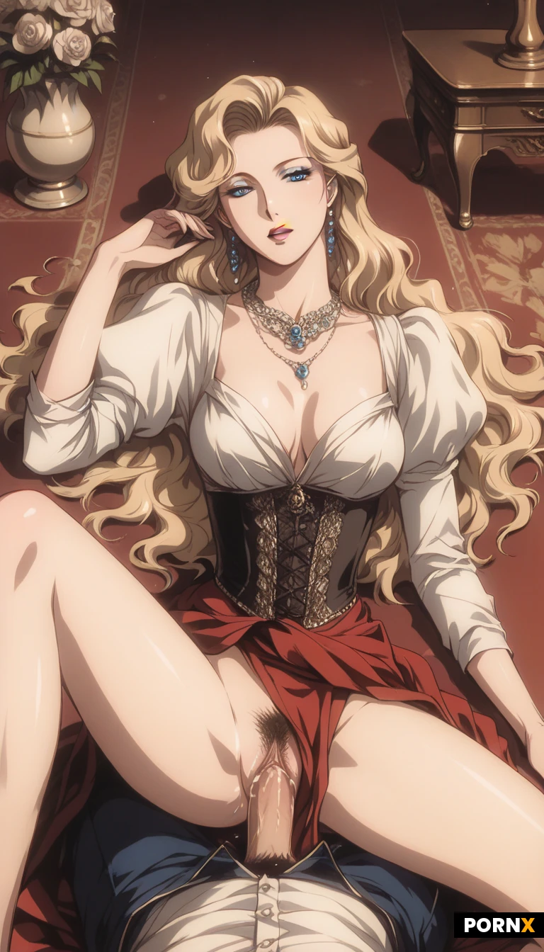 Victorian style woman 20s, pretty face, long hair, blue eyes, ,makeup, eyeline, earring, beautiful necklace, more jewelery on cloth, red cloth, old fashioned stocking, missionary position, man fuck her pussy in pov, see cock and wet pussy, trimmed pussy hair, background, elegant palace room, floor tile, carpet, old fashion chair, painting on the wall, flower, vase, detail on cloth, detail on face, detail on background