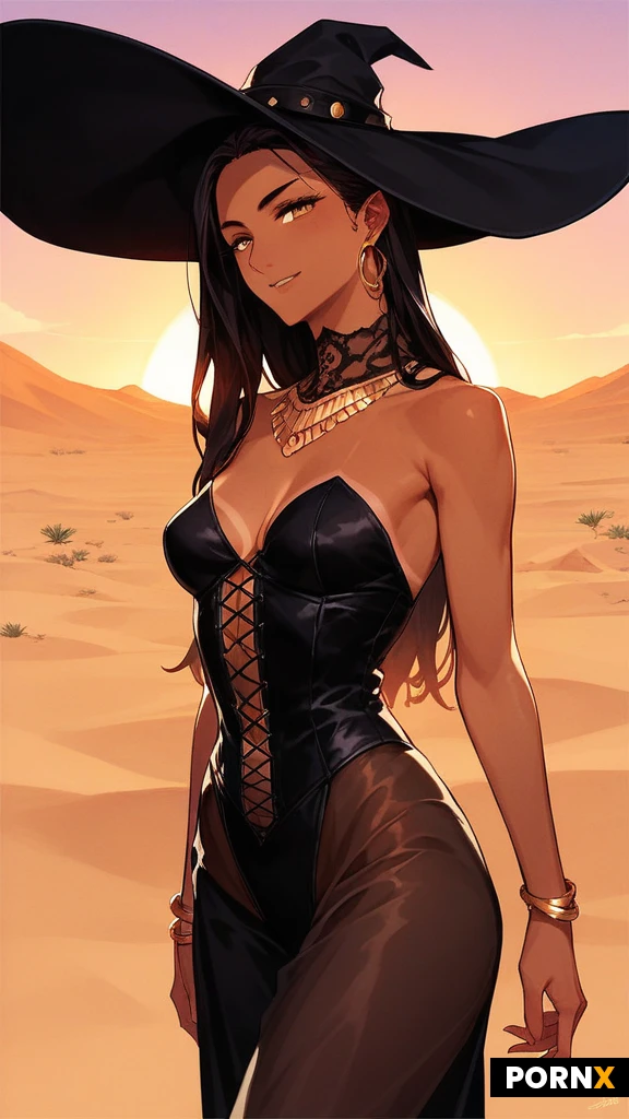 beautiful latina woman, long dark hair with bangs, slender body, small breasts, tanned skin, sexy witch costume, black pointed hat, corset, sheer black dress, desert dunes, golden sand, sunset, warm light, anime style, cute face