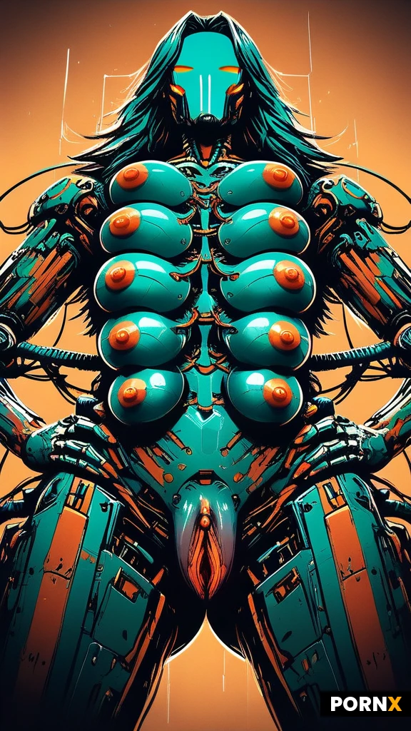 woman robot, pretty face, long hair, curved body, mechanical body, (multi metalic breast: 1.8) ,look at viewer, cowgirl position sit on a cock, cock is in her mechanical pussy, detailed face, background control room, power cable, monitors, electrical device,close-up view, low angle view