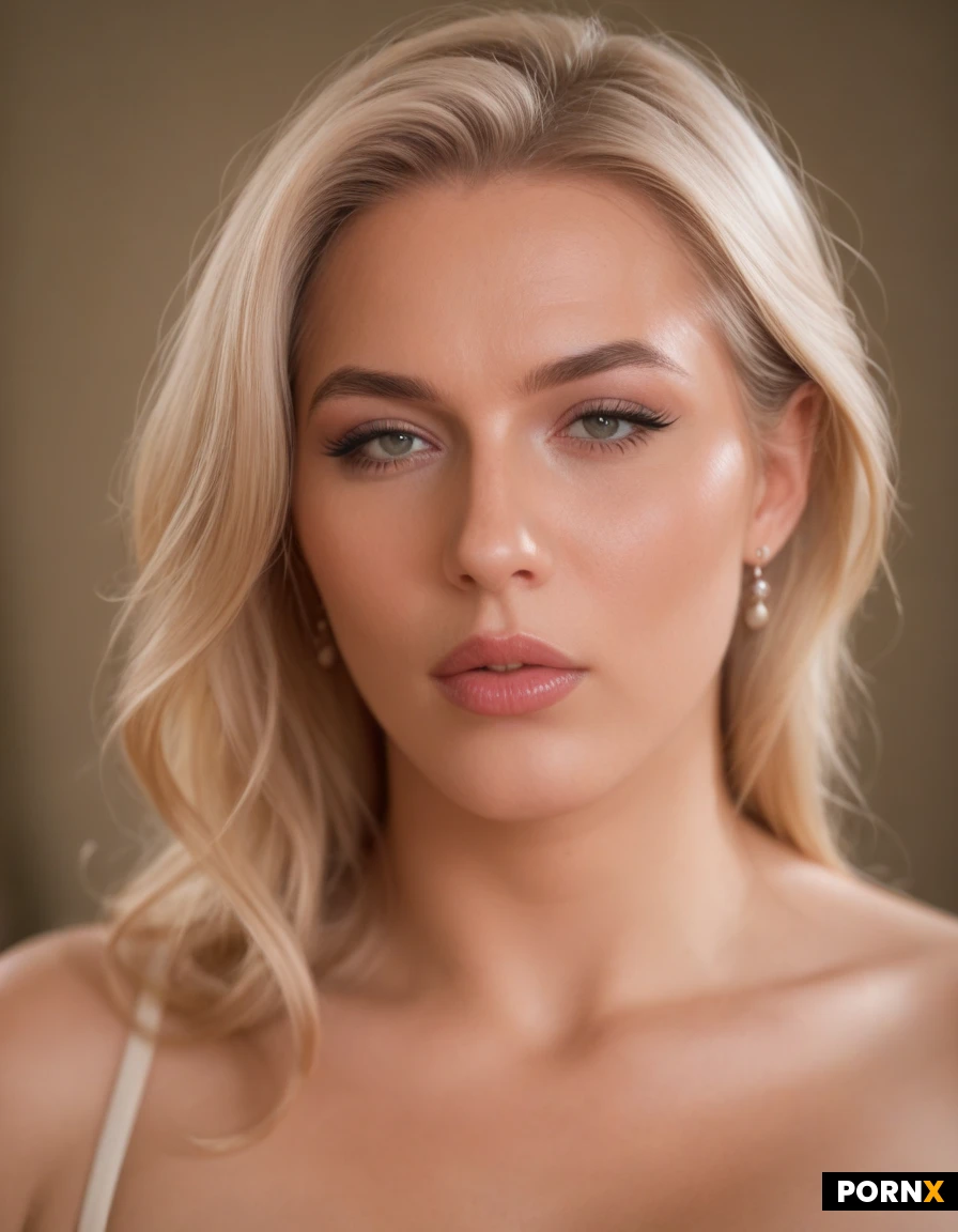 Create a striking close-up portrait of a beautiful adult woman with long, voluminous platinum-blonde hair, slightly tousled and naturally falling around her face. Give her soft, feminine facial features, a delicate nose, defined cheekbones, and especially full, plump, beautifully shaped lips with a soft glossy finish. Emphasize her sensual, naturally alluring lips without making the expression explicit. Give her large, expressive eyes with dramatic black eyeliner and smoky eye makeup. Add subtle tear streaks running down her cheeks, creating a contrast between glamorous beauty and emotional vulnerability. Give her a soft, slightly sad and distant expression, looking downward or directly toward the camera. Natural skin texture, realistic facial proportions, detailed eyelashes, glossy lips, cinematic lighting, shallow depth of field, photorealistic beauty photography, intimate close-up, high facial detail, sophisticated editorial aesthetic.