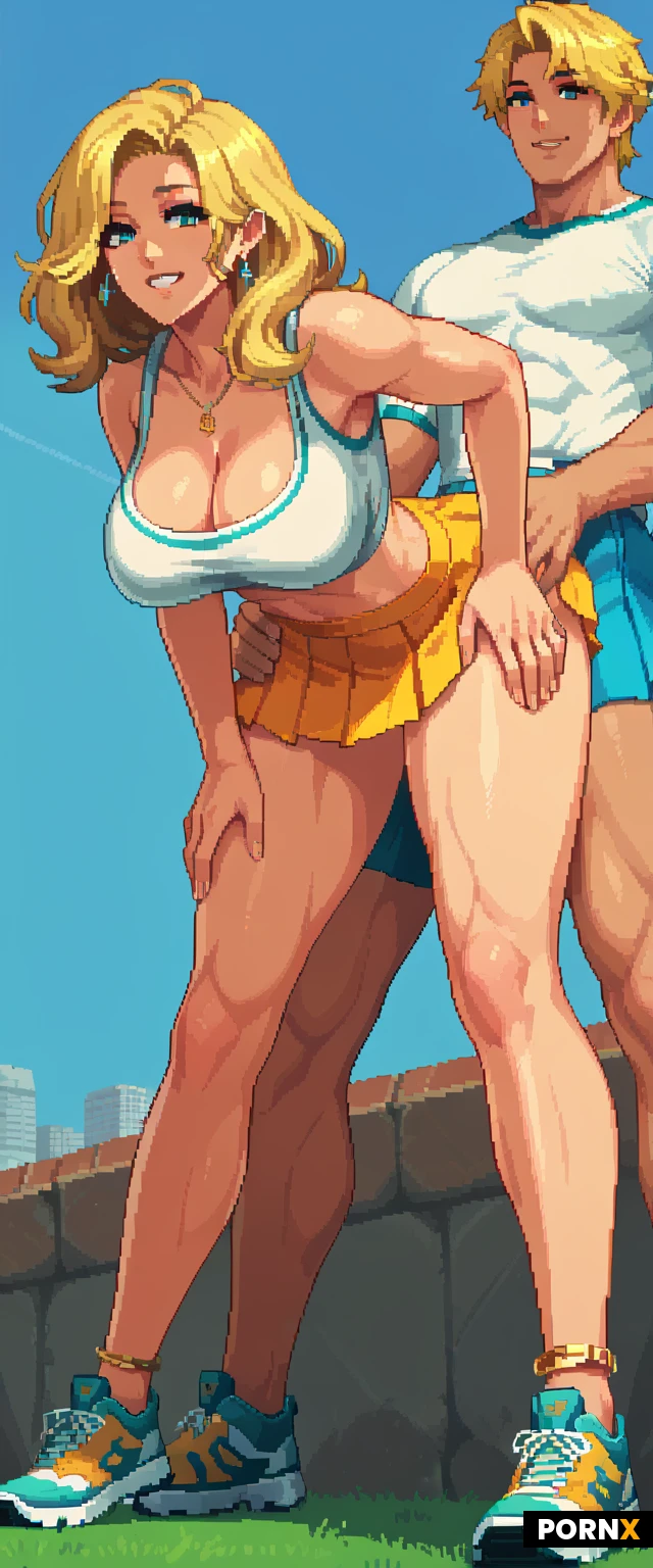 busty woman,blonde hair,cute face,smiling,tight crop top, off-the-schoulder, short pleated skirt,cleavage,sneaker,big breasts,golden anklet, she is bending over, hands on her thighs, a muscular man stands behind her, the man grabs her waist, vaginal penetration, view from the side, view from below
