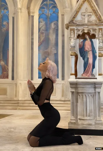 Bitch is in a church praying to her whore gods