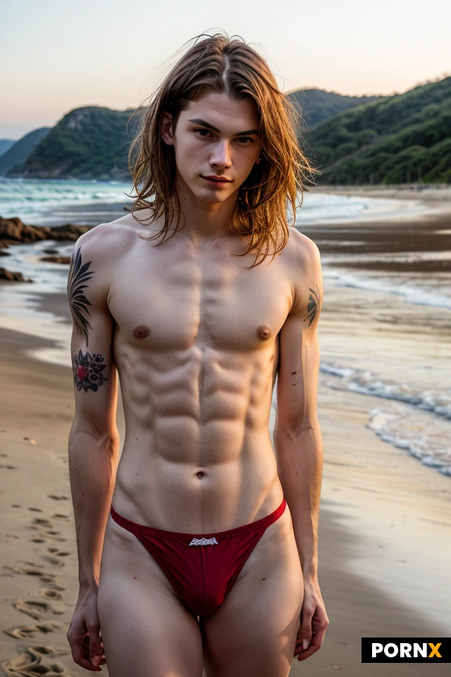 Man, 18 years old, white, Hungarian, Asian, extra skinny, muscular, perfectly toned abs, pale, brunette, short hair, messy hair, amber eyes, seductive smirk, modern tattoos, horny, large bulge, red thong, topless, standing, side view, seductive pose, glistening with sweat, closeup portrait, summer, scenic beach, daylight, hugging hot woman