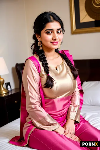 A medium-shot portrait of a youthful South Asian woman sitting gracefully on a bed indoors