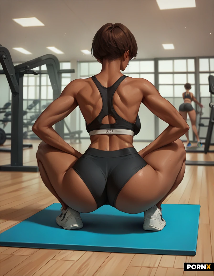 Woman,Busty,brown skin, Big breasts,skinny,,Big ass,long legs,short hair,brown hair
gym, sports bra, yoga shorts, posing, squat