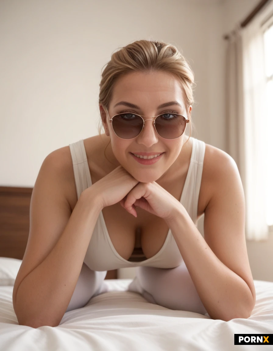A cheerful blonde woman in her late 40s to early 50s with shoulder-length tousled hair and bangs, smiling warmly at the camera while posing on a neatly made white bed in a modern hotel bedroom. She is wearing a fitted white sleeveless top with matching white leggings. She is in a deep forward stretch/yoga pose, balanced on her forearms with her hips raised high, creating a playful and energetic composition. Sunglasses rest on top of her head. The room features a beige upholstered headboard, crisp white pillows and bedding, soft cream-colored walls, and warm bedside lamp lighting. Shot from a front-facing, slightly low perspective with a centered composition. Natural skin texture, realistic anatomy, soft golden ambient light, high-resolution photography, shallow depth of field, lifestyle editorial style, ultra-detailed, DSLR, 85mm lens, f/2.8, photorealistic, subtle fabric wrinkles, inviting hotel atmosphere.