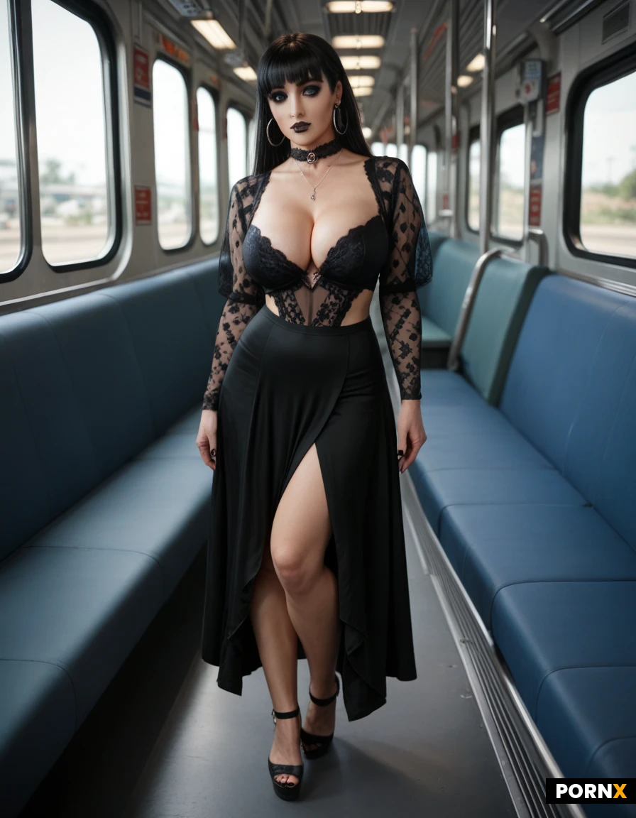 Sexy, beautiful face, 18 years old,cute, big eyes, cute face, dark hair, bangs, goth, goth makeup, hoop earrings, goth clothing, full body, big Natural Breasts1.4, skinny, hourglass figure, realistic, cleavage, train, standing