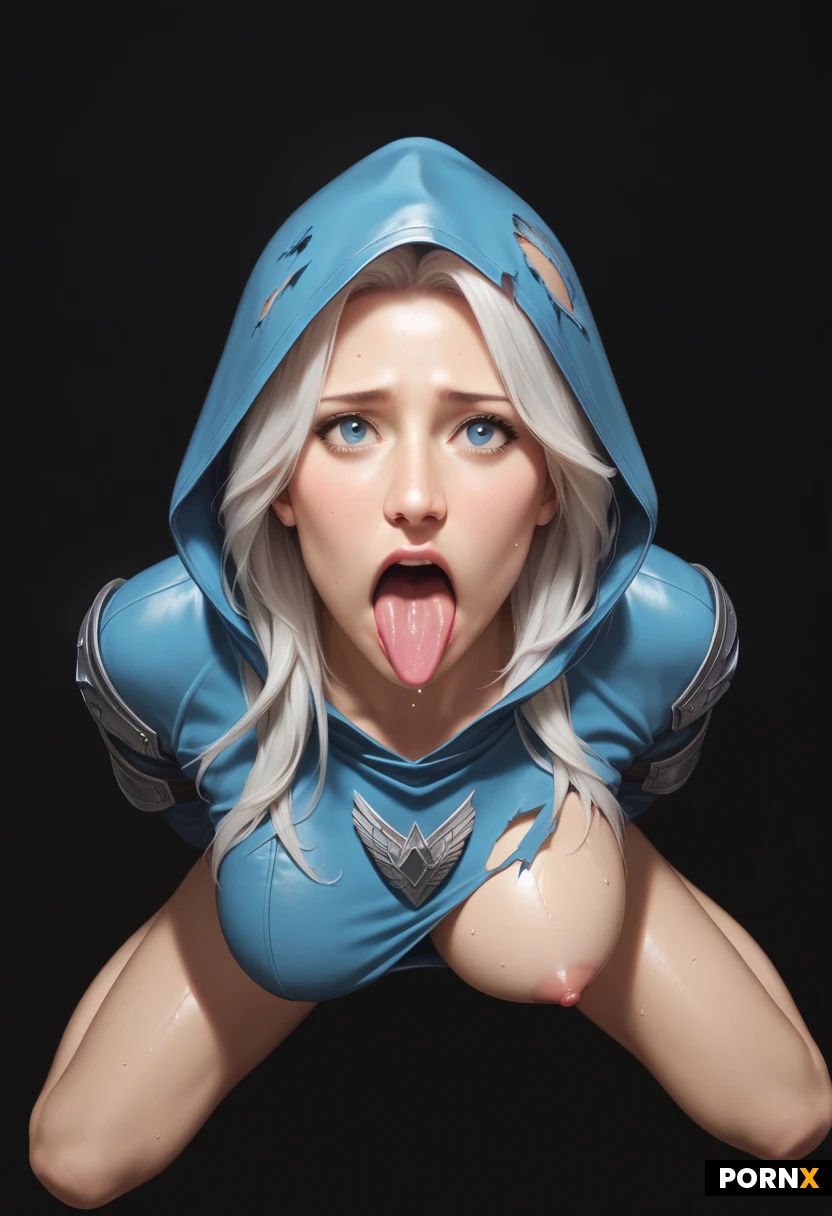 (A woman) long white hair, torn blue clothes and armour, blue hood, slim wasit, big busty round tits, hourglass figure (big wide blue eyes:1.4) bare legs, (Ultra-realistic) high res, detailed skin texture. sexyleague. realistic Sweat,, cinematic, (black background:1.5). Frostarcher. haughty expression, (worried expression), regal (ice arrows) high angle view pov, kneeling, looking up, big open mouth, one breast exposed (arms behind her back), tongue out (mouth focus) (detailed inside of her wet mouth visable)