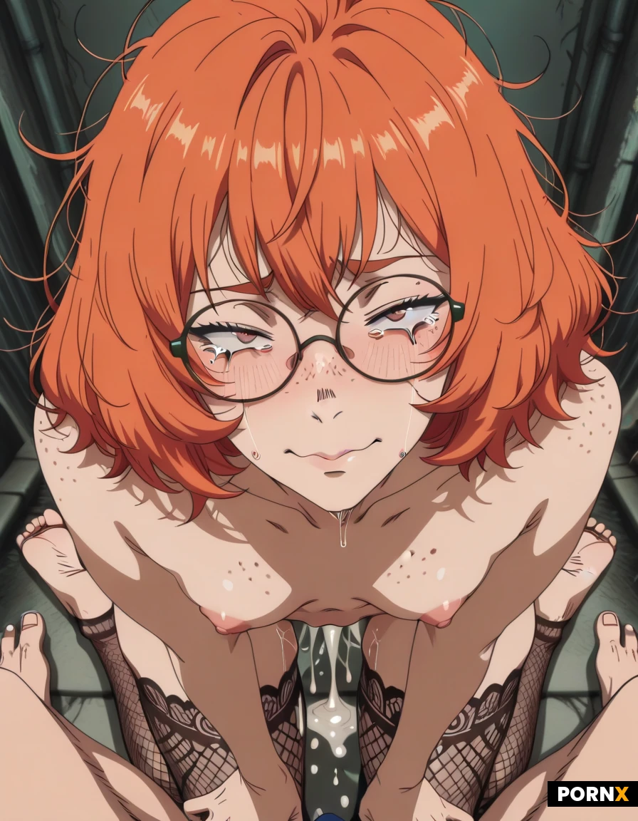 Ginger woman, freckles, glasses, flat chested, patterned stockings, in an alleyway, cum filled pussy, teary eyes, painted nails, messy hair, cute face, orgasm face, Toes curled, bare feet, pov male, doggie style, on all fours
