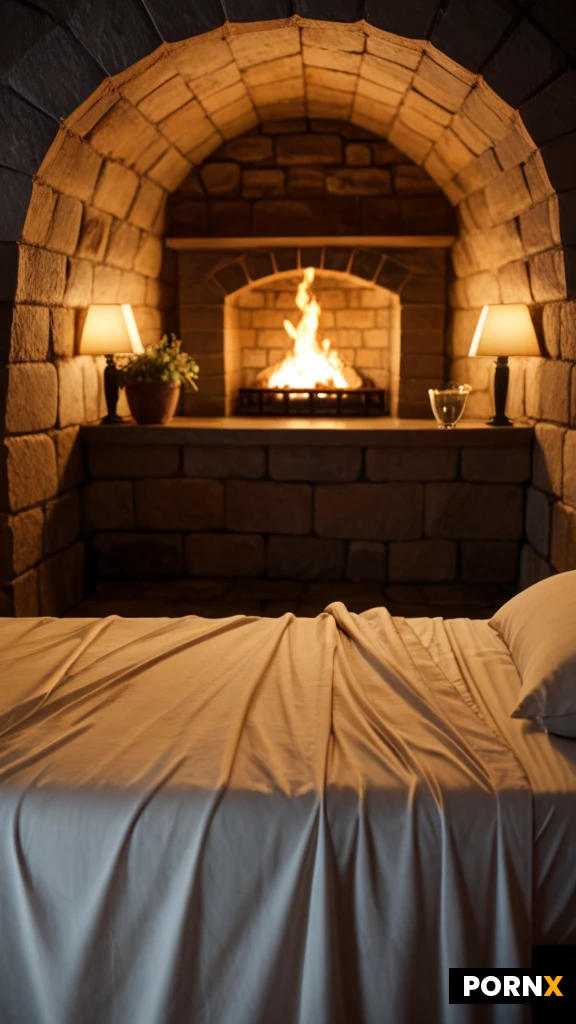 Empty fantasy cave bedroom; no people.
Portrait view, looking into the room.
Large bed on the right, close to the camera.
Ivory pillows and rumpled duvet; thick taupe knitted blanket.
Open forge fireplace on the left, built halfway into the cave wall.
Rounded stone fireplace arch, dark interior, burning logs and visible flames.
Rough natural rock walls and low cave ceiling.
Heavy ivory shag rug across the foreground and around the bed.
Clear standing space directly in front of the bed.
Warm amber firelight throughout.
Soft turquoise water reflections on the ceiling from an unseen pool outside the frame.
Realistic fantasy CGI, rich textures, cinematic shadows.
No visible pool, windows, neon lights, foreground plants, text or logos.