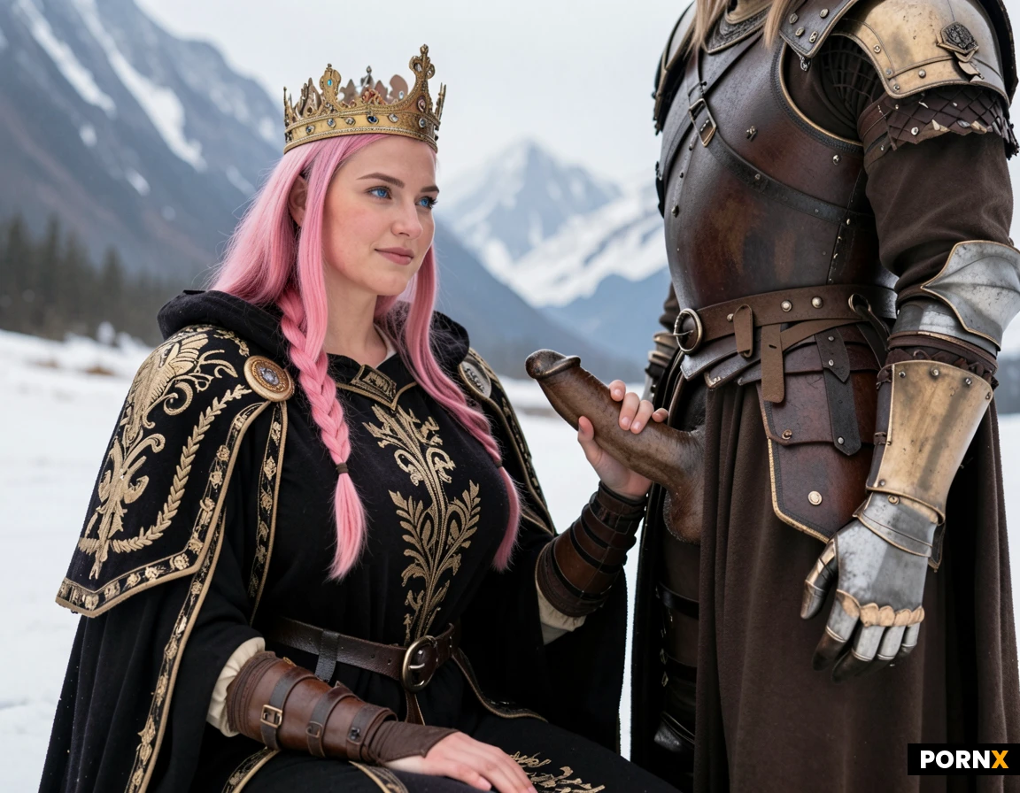 (view from the side:1.5 ).Mountains,Winter. Handjob.
((Beautiful Woman:1.5),dark make-up, long hair, braid,(intricate royal queen robe,Viking armor,Viking armor gauntlets.)). Sitting. Dignified Pose. Dignified smile.
BREAK
(naked_man, masculine_man, standing man, natural coloured cock, head_out_of_frame).
handjob, hardcore