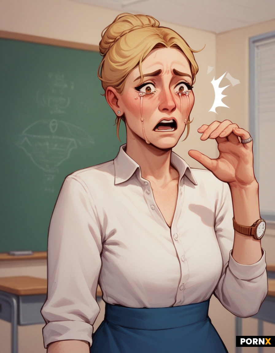 Married frumpy teacher in 80's teachers clothes standing in front of a classroom