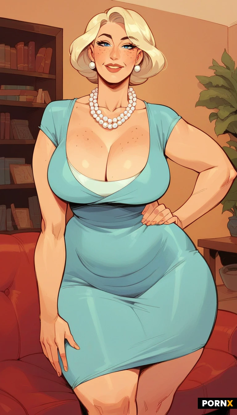 Woman,American,White,55 years old,MILF,sexy,Mature,blonde,touch of grey hair,dark grey eyebrows,short round bob,short hair,blue eyes,eye contact,looking at viewer,freckles,big nose,medium breasts,elegant classy dress,nice cleavage,pearl necklace,short stature,broad,stout,curvy,plump,wide hips,huge hips,huge thighs,thick thighs,sexy pose,seductive,hand on hip,living room,suburban home,sunny living room,several windows,bookshelves,white couch,hand drawn,illustration