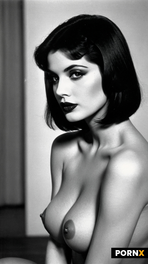 1980s Style Photo Woman Black Hair Medium Breasts Skinny Naked Pinup Model Close up Portrait