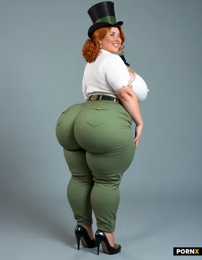 A short bbw/fat irish ginger woman with freckles dressed as a leprechaun has ginger hair and green e