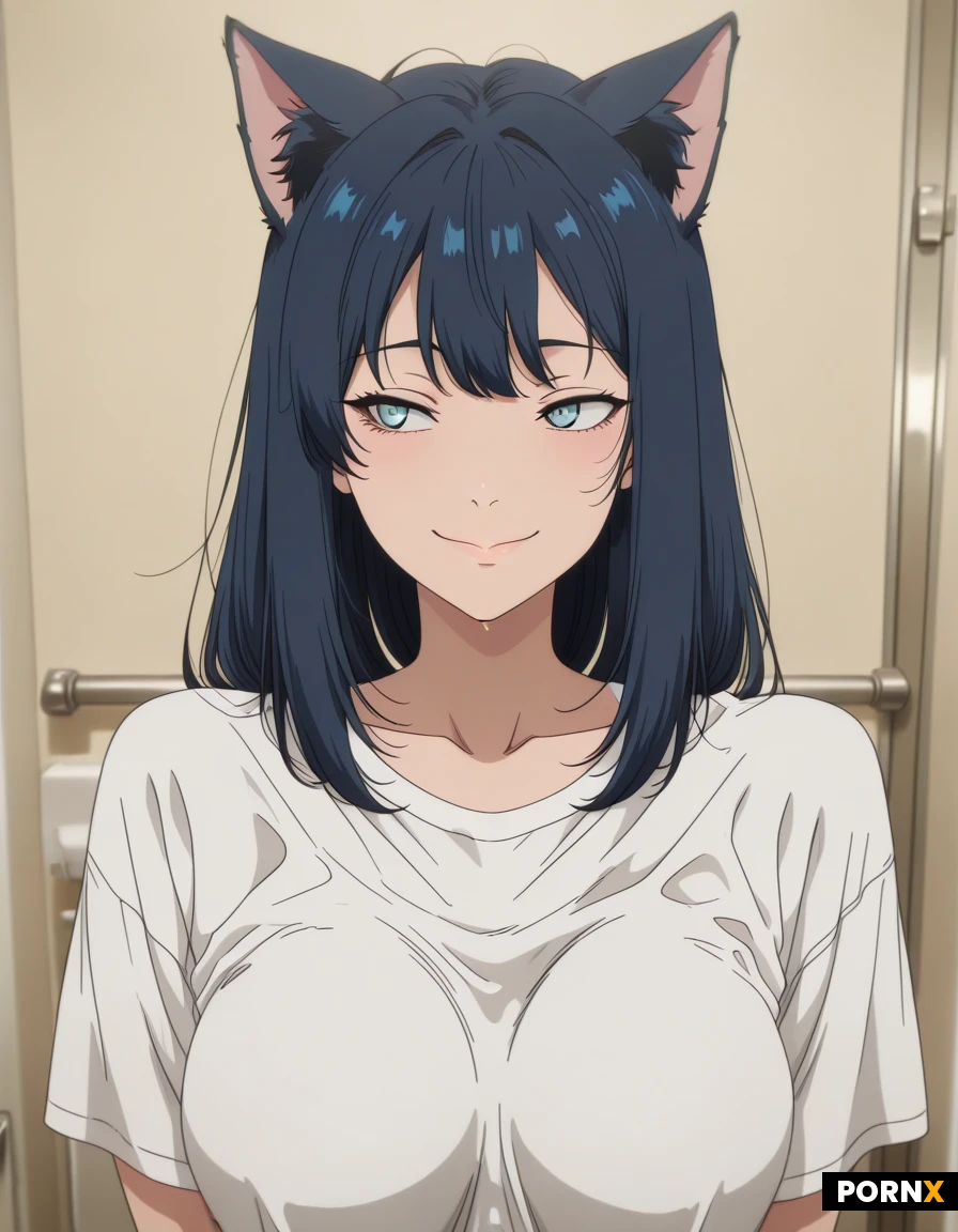 A cat girl with long dark blue hair, blue eyes, in the bathroom with nothing but a white t-shirt looking into the camera. Medium breast. Smiling seductivly