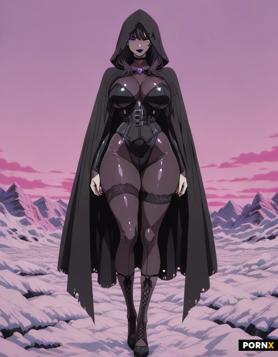 **Kurzer Prompt:**
Pale gothic anime woman (Raven-inspired) with purple eyes, black lipstick and hooded black cloak. Tight black lace-up corset bodysuit, massive curves, black lace stockings. Standing in snowy rocky landscape under purple-pink sky. Detailed anime style, full body.