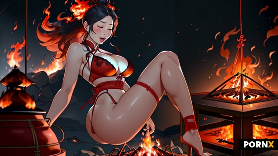 Japanese woman in shibari dangling in the air in ropes over a raging firepit with tall engulfing fla