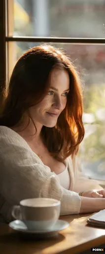 Candid medium shot of a woman in her early 30s with natural freckles and slight skin imperfections