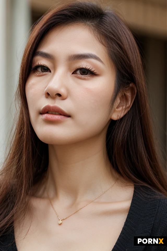 Korean woman, extreme foxy eyes, upwards slanting eyebrows, very high cheekbones, very pointed jawline