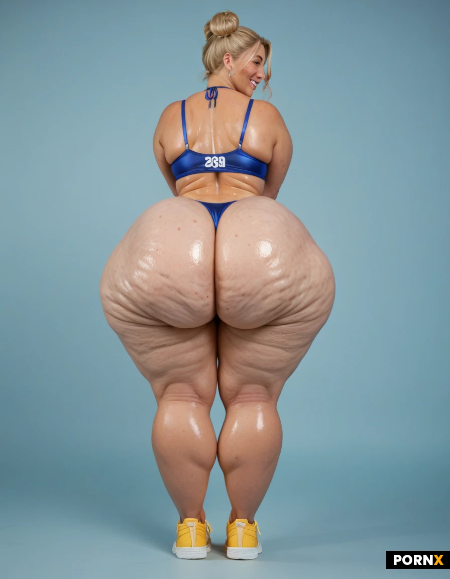 Blonde 20 year old NUDE swedish, wide hips, massive glutes and hamstrings,yellow sneakers, blue sportsbra and ,,HAIR BUNS, blonde hair, freckles, pale skin,thick legs,side pose,,oiled skin, bubble butt,full body view,(swedishflag logo on clothes),cellulite,happy,bending over, massive ass,super sweaty,rear view, ,sweaty clothing,