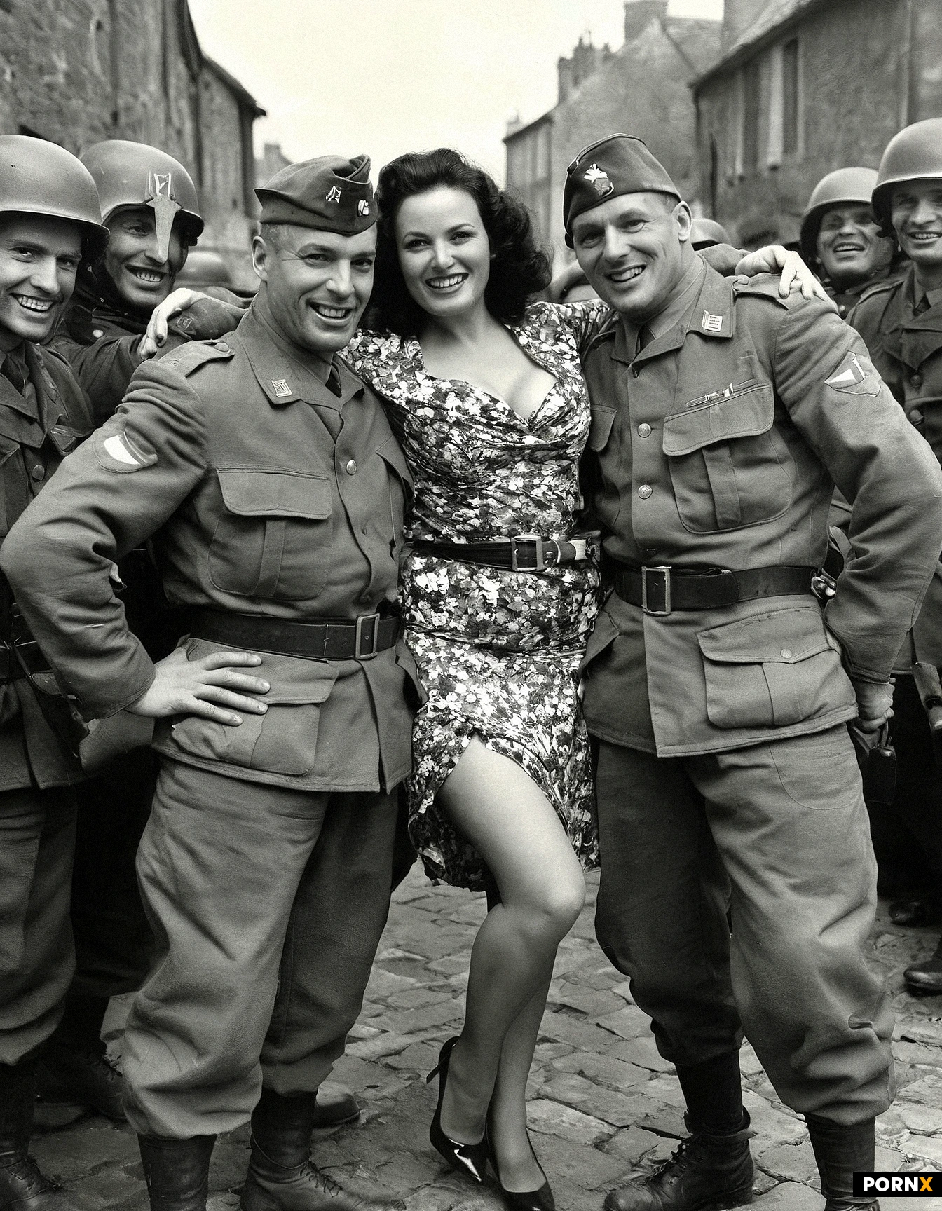 Absurdres, French_woman, 60_years_old, plumpish, seductive_smile, flashing_very_hairy_pussy, floral_dress_with_the_hem_pulled_up, Aubade_garder-belts_&_stockings, portrait, light-jewelry, Normandy, outdoor, Liberation_of_Normandy_party, between_two_US.Army_soldiers_(jovial_types)_posing_for_photo-souvenir, 1944, D-Day, black_&_white_ferrotype_photo_filter,