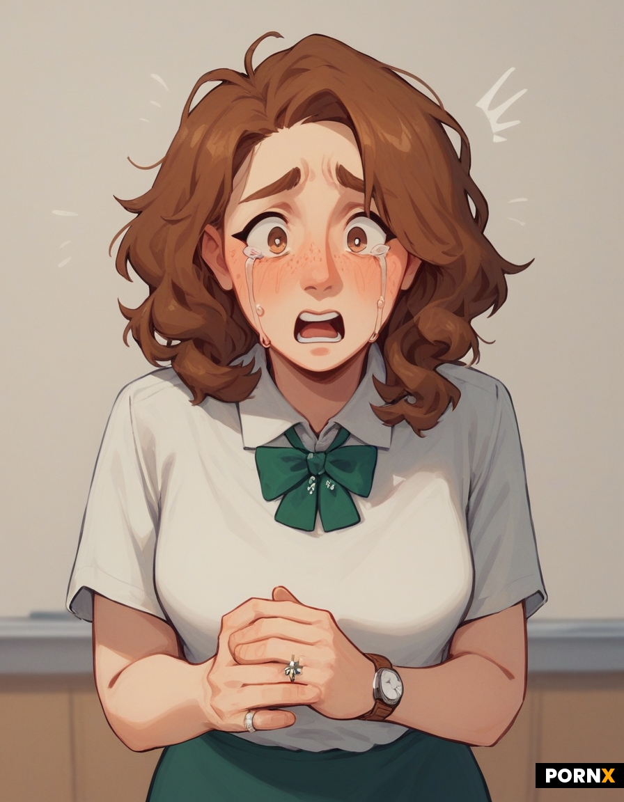 Married frumpy teacher in 80's teachers clothes standing in front of a classroom