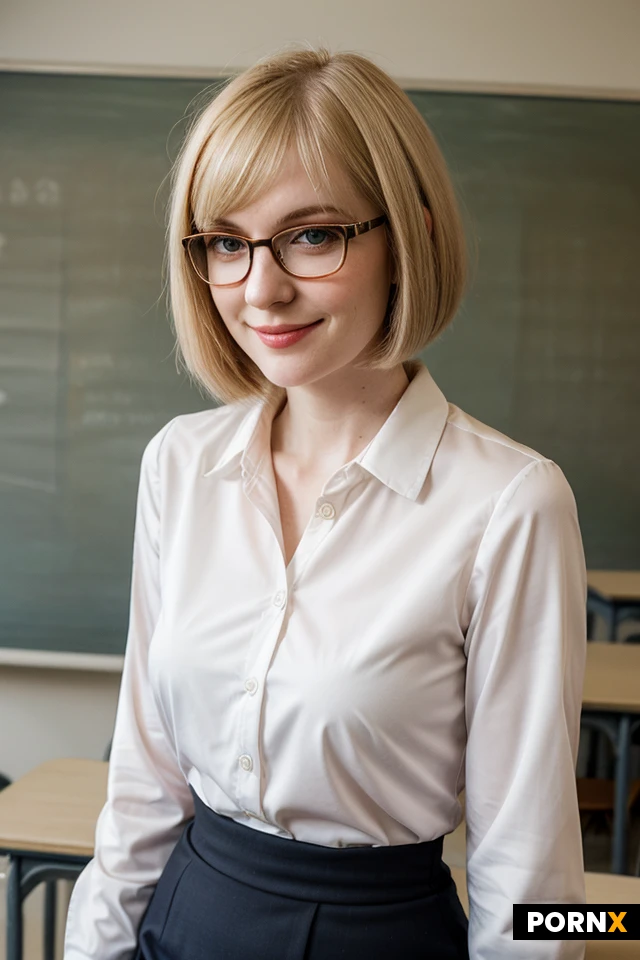 A confident thirty year old woman, with a blonde hair and a bob cut, pale skin, a cute face and seductive smirk, wearing glasses, teacher clothes and a blouse