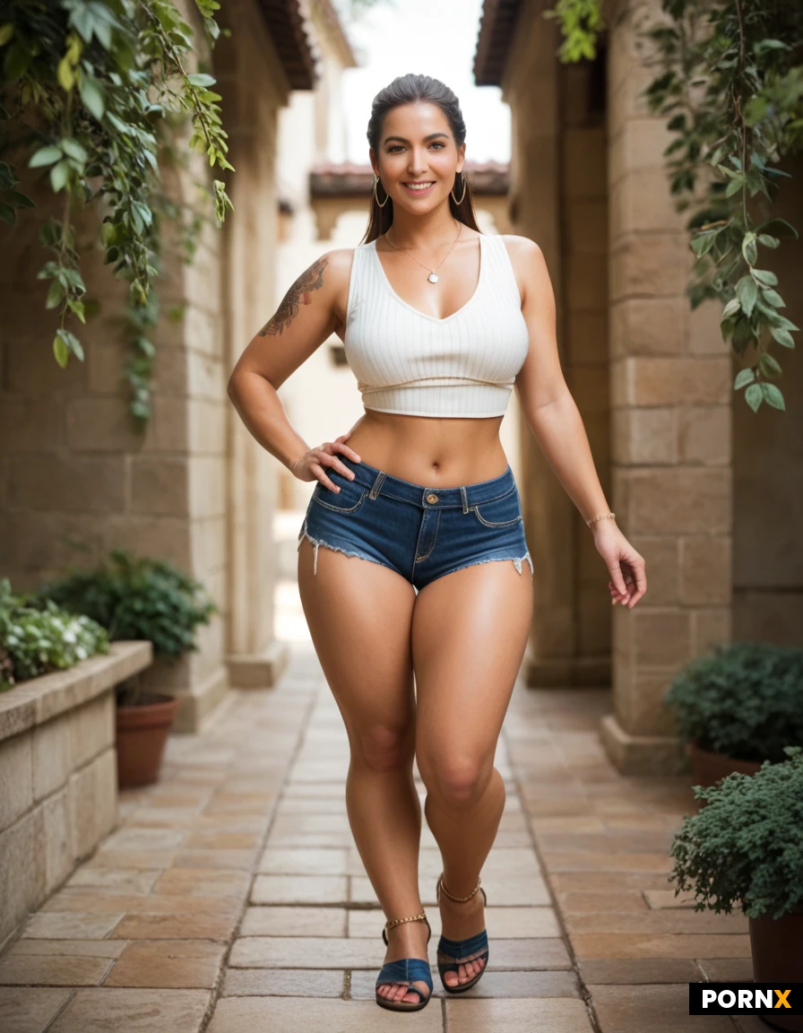 Create a photorealistic full-body portrait of an adult woman with a strong, natural curvy figure. She has an oval face, soft rounded chin, high forehead, dark-to-medium brown straight shoulder-length hair with a side part and slightly lighter lengths. Her eyes are light blue to blue-grey, framed by dark, well-defined eyebrows and dark eyelashes. She has a straight medium-width nose, naturally full lips, and a warm open smile showing her upper teeth. She wears small hoop earrings and a delicate necklace with a tiny pendant.
Her body has broad shoulders, strong upper arms, a clearly defined but not extremely narrow waist, a soft slightly rounded abdomen, wide hips, a full rounded lower body, strong thighs, and firm lower legs. Her skin is fair with a lightly sun-kissed tone.
She wears a simple white sleeveless ribbed top, light-blue high-waisted distressed denim shorts, and flat tan sandals. One hand rests naturally on her hip while the other hangs relaxed by her side. Visible tattoos include a dark floral design on the right upper arm, a black branch or leaf motif on the right shoulder and upper chest, and a floral tattoo on the left forearm.
Natural relaxed posture, friendly authentic expression, warm daylight, a leafy courtyard with potted plants and a stone house facade in the background, shallow depth of field, realistic skin texture, natural proportions, high-quality lifestyle photography.