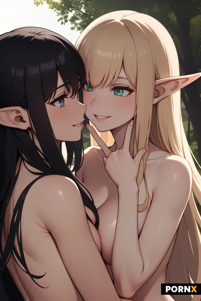 masterpiece, best quality, highres, absurdres, 2girls, elf_female, human_female, long_hair, pointed_ears, handshake, finger_trail, body_contact, whispering, nude, bare_skin, full_body, smiling, playful, fantasy, forest, soft_light, ambient_light, close_up, portrait