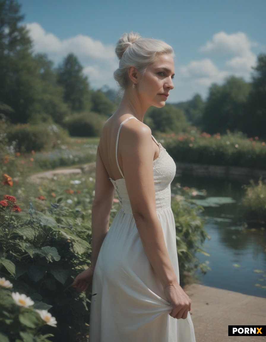 dear old lady standing at the edge of a small lake