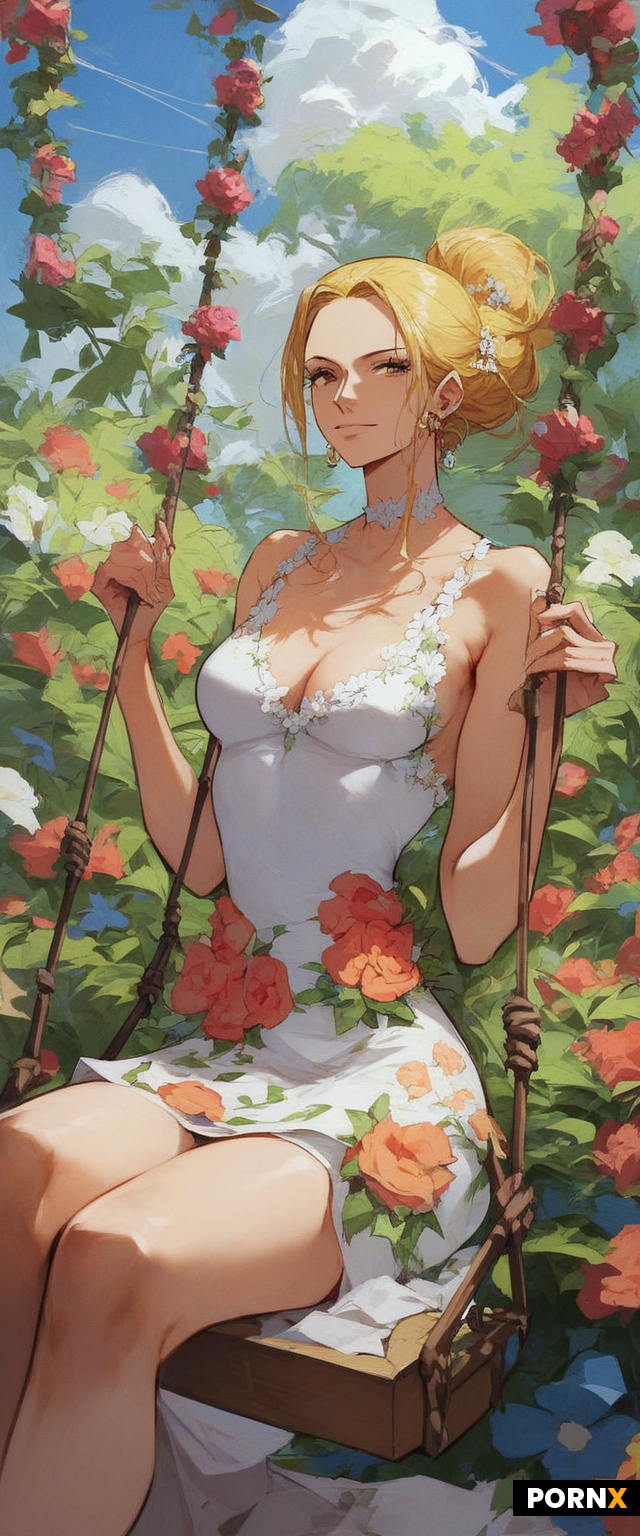 One piece anime style woman sitting on swing in a garden