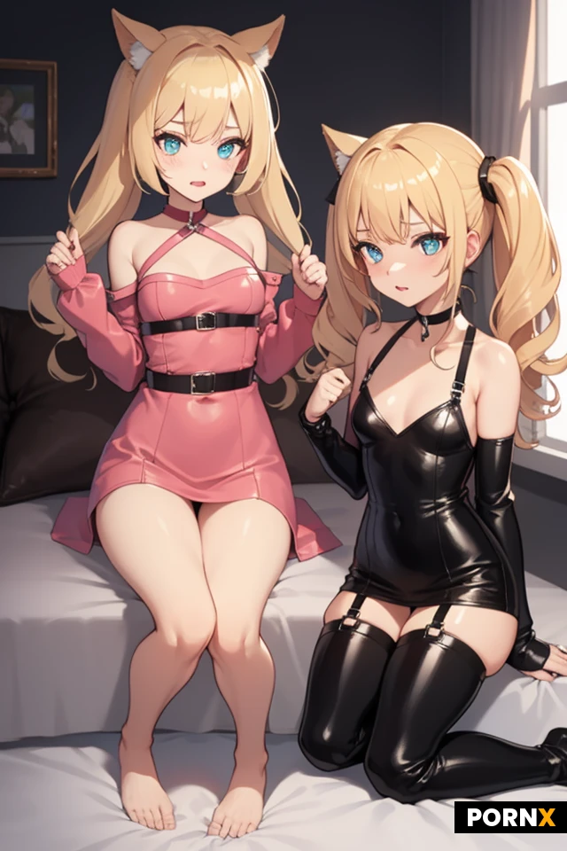one Woman, One, Skinny, small breasts, Cute face, leather Choker, Kinky hair, twin tailed hair, Blue eye color, blonde hair, bedroom, Pink outfit, leather full body harness,