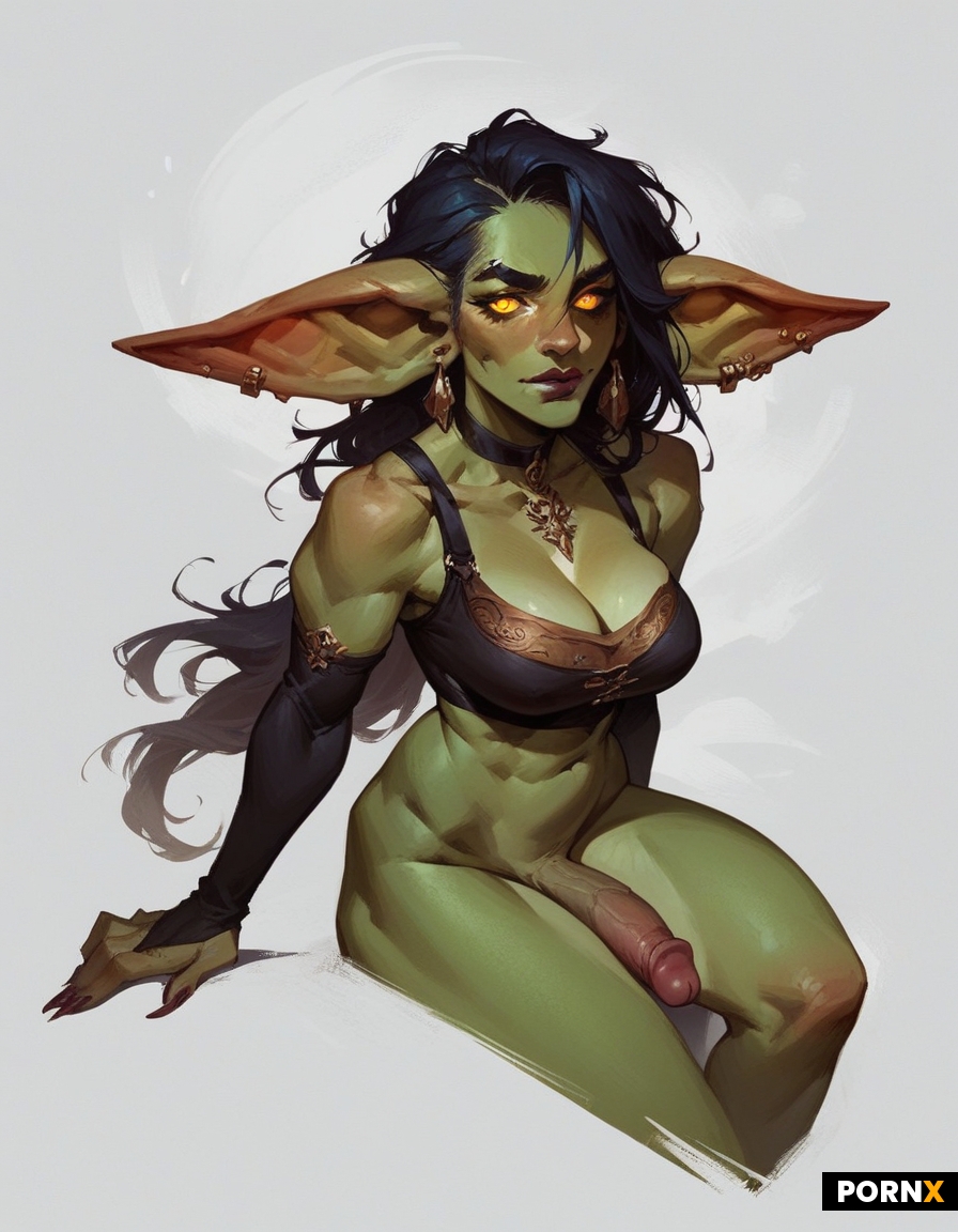 art painterly + goblin-gay futa + big amber glowing eyes + deep green skin + white background + shy 