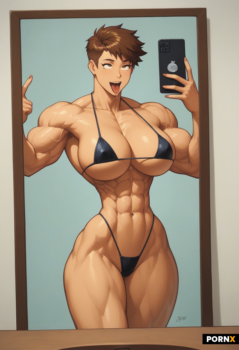 Solo photo of a very muscular woman taking mirror selfie