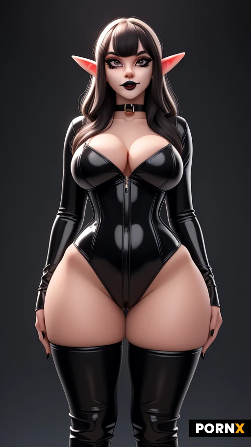 Futanari, dick girl, trans girl, solo, perfect lighting, standing, facing viewer, emo, goth woman, long length hair, black hair with white highlights, long bangs, bangs, 18+, thick thighs, wide hips, waist, toned body, slimthick, massive breasts, massive penis, beautiful face, thick eyeliner, plump lips, black lipstick, Elf ears, elven, choker, black nail polish, massive ass, black knee high latex boots, latex corset, light reflecting of latex, breasts exposed, soft shadows, veiwed from below,