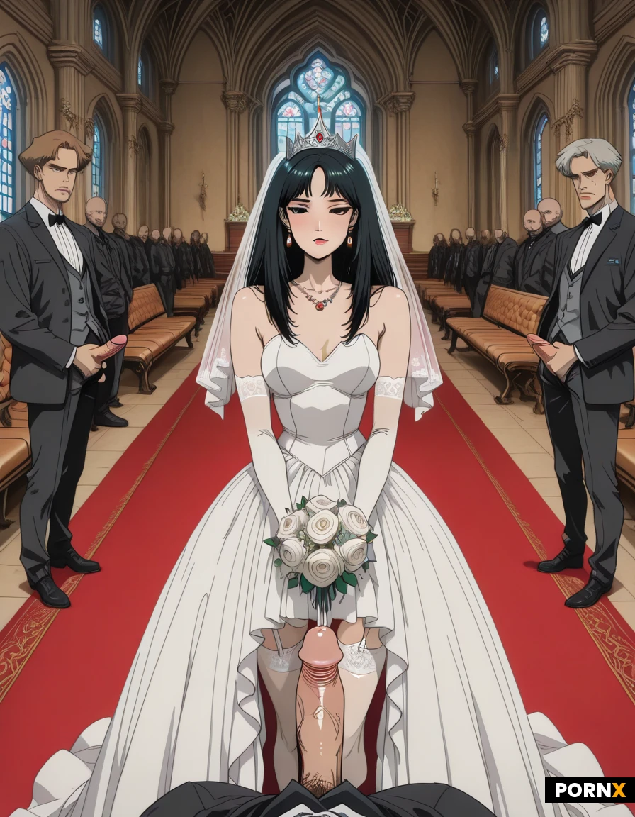 high definition, Pretty woman 20s,, pretty face, dark long hair, eyeline, res lip, elegant necklace, long earring, silk patton elbow glove, white garter stocking, crown on head, elegant white wedding dress dress, beautiful bouquet, bride veil, she is distanct away from the viewer, and walking to the viewer, multi men standing beside the carpet, masturbate their erecting penis, background, elegant old fashioned church, bench beside the red carpet, detailed face, detailed eyes, close up view,