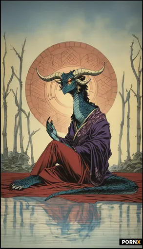 A lithe dragoness with iridescent black-blue scales that catch the light like oil on water