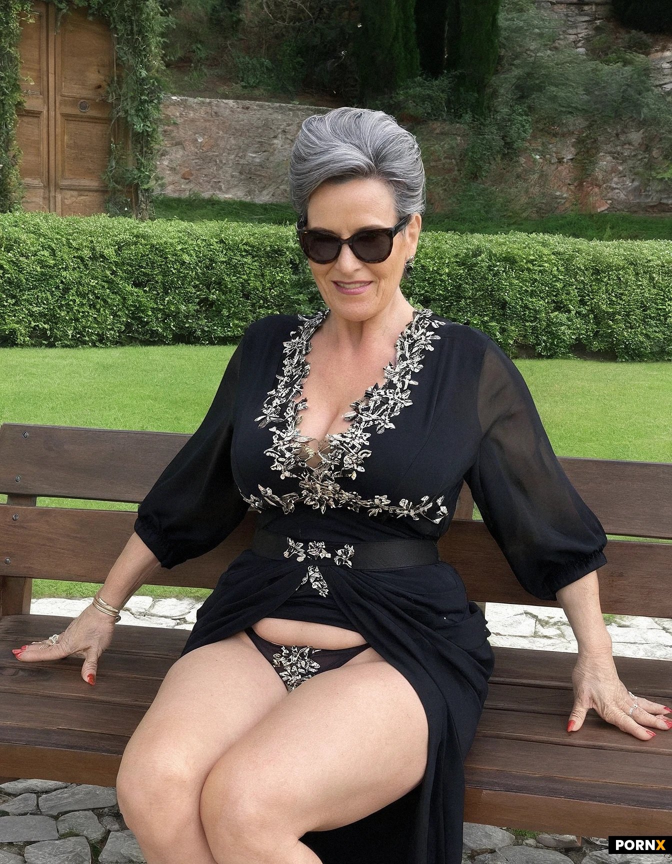 Absurdres, ᓯᓚᒥᐅᑕᐅᑉ ᐊᑖᓂ, elegant_woman, 50_years_old, pretty, look_at_the_viewer, well_sit_on_outdoor_bench_seating, jewelry, dress, Aubade_panties, outdoor, villa, South-France,