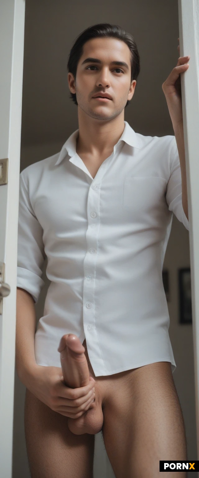 ( cute_Man:1.1),(handsome:1.1),gay,((spanish:1.2):1.2),(portrait:1.2),
Standing, turning back,bending forward,opening door,(knee up:1.2)
(Serious:1.2),((shaved_buzz_cut:1.2):1.1),(thick_eyebrows:1.1),((facial_hair:1.2):1.1)
( skinny_adult,flat_chest,muscled_legs :1.3),(brown eyes:1.3),(white buttoned shirt,naked bellybutton:1.3),(hairy legs:1.2),(closet :1.0)
<lora:055:0.5>,(erect penis:1.3),(testicles from below:1.2)
Penis,<lora:bettercocks:0.5>,masterpiece, best quality, highres, absurdres,