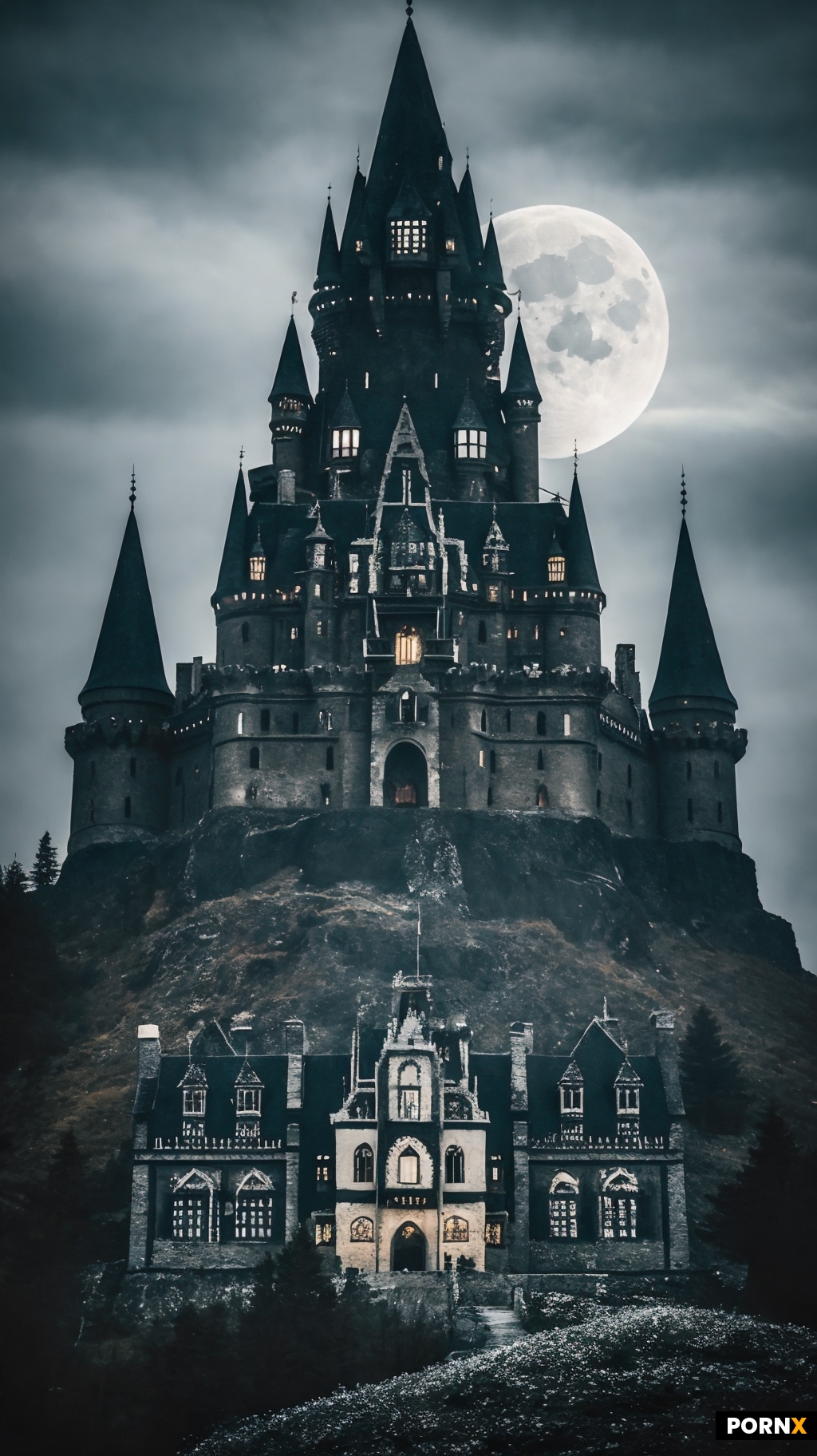 A eerie and creepy midevil castle sits atop the mountain
