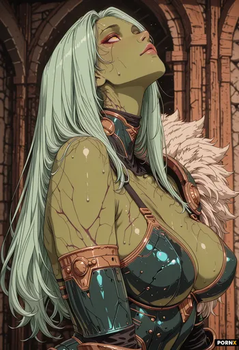 A voluptuous 25-year-old female orc with deep emerald-green skin