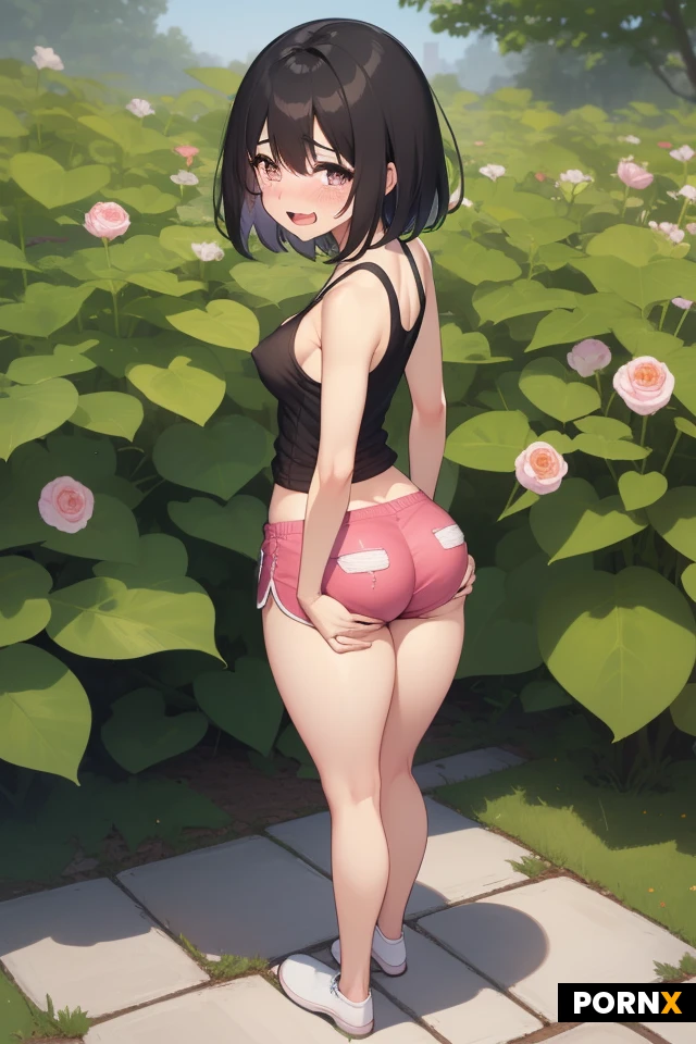1girl, solo, wide_hips, broad_hips, narrow_waist, a_cup, small_breasts, big_ass, huge_ass, big_butt, black_hair, short_hair, fluffy_hair, blush, nervous_smile, open_mouth, open_smile, flustered, teary_eyes, on verge of tears, weeping, smiling, white_tank_top, pink_cotton_shorts, full_body, leaning, top_front_view, Looking_at_viewer, full_body_portrait, garden, pink_nipples