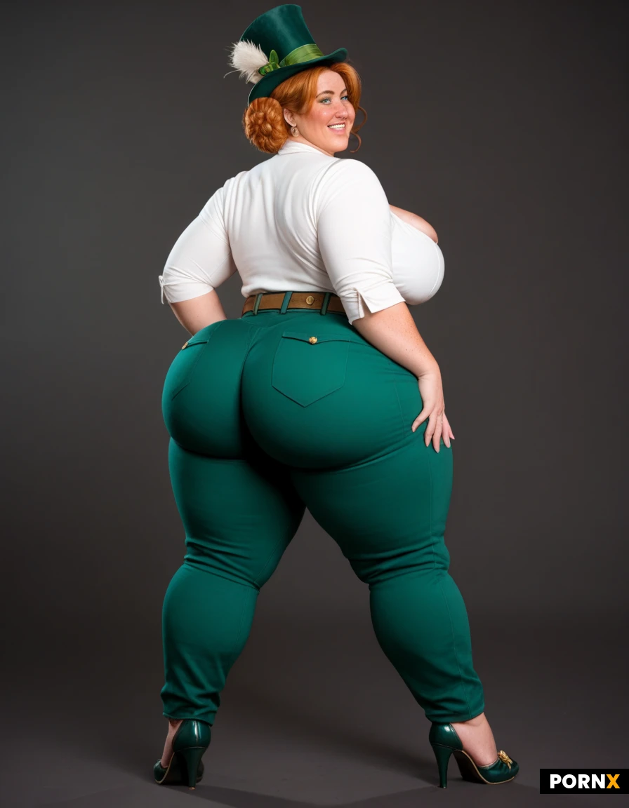 A short bbw/fat irish ginger woman with freckles dressed as a leprechaun has ginger hair and green eyes. She has a large ass, big tits & thick thighs. The Leprechaun outfit is compromised of a tailcoat, belt, short pants/trousers, top hat & buckled shoes. She is on her hands and knees showing her ass #leprechaun #short #bbw #fat #freckles#thick #large-ass #big-tits #thick-thighs #goldteeth #massive-ass #ginger #green-eyes #green-clothes #kettle-of-gold #green #gold #leprechaun-outfit #tophat #hat #tailcoat #belt #trousers #short #buckled-shoes #meadow
