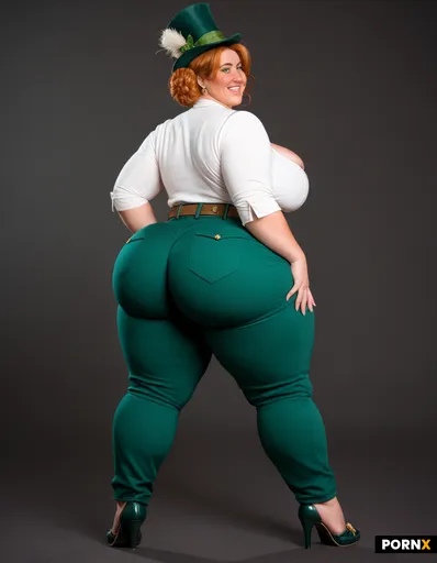 A short bbw/fat irish ginger woman with freckles dressed as a leprechaun has ginger hair and green e
